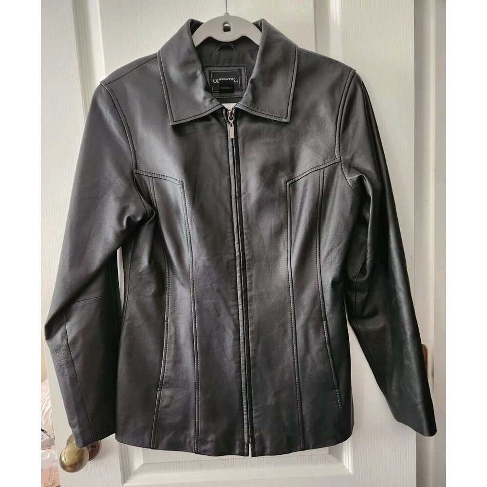 Outbrook Women's Leather Jacket Black Zipper Closure Pockets Size M